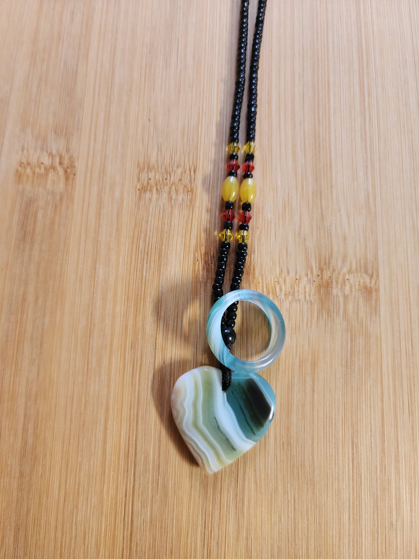 Green Striped Agate Heart-Shaped Natural Stone Pendant Necklace and Ring Set